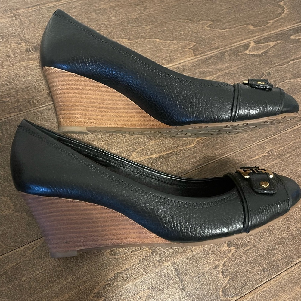 Tory Burch Black Pebbled Leather Wedge Shoe